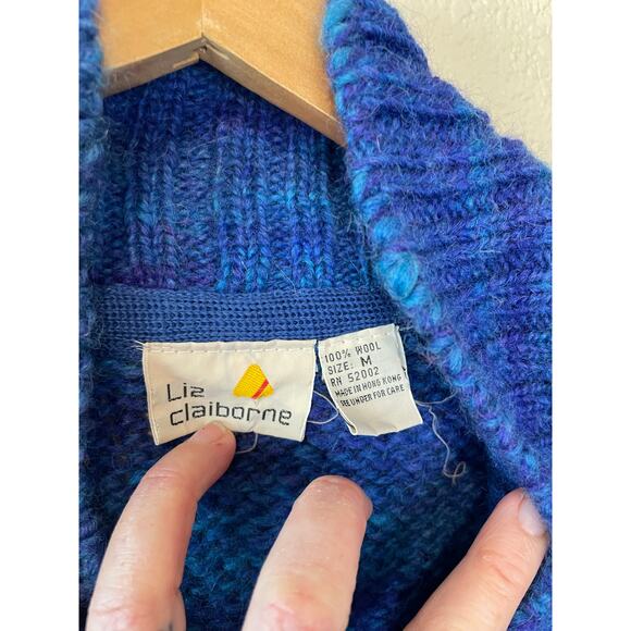 VTG Liz Claiborne Retro Blue Knit Wool Button Up Balloon Sleeve Cardigan Medium - Picture 10 of 13